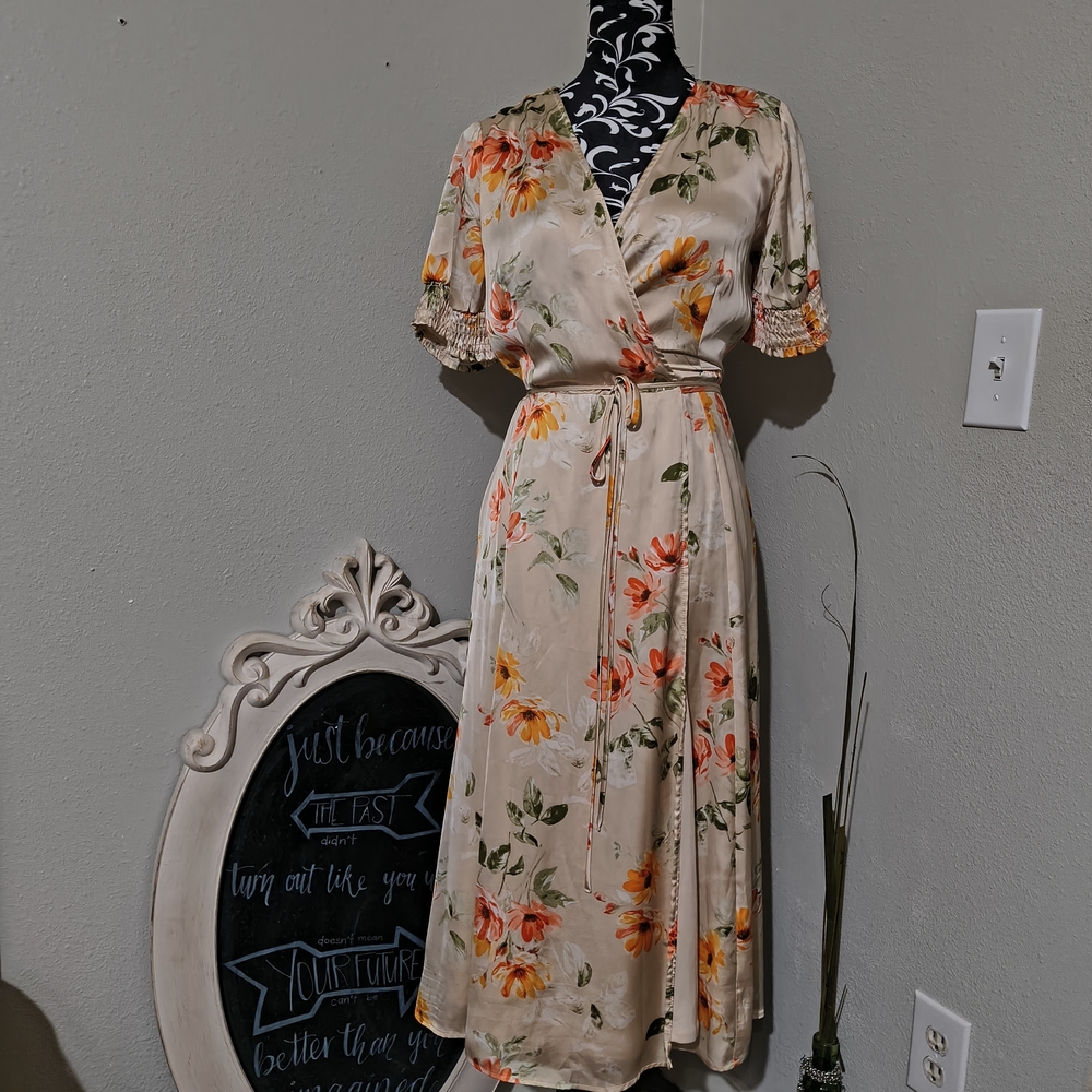 Bohme Cream and Orange Flutter Sleeve Maxi Dress